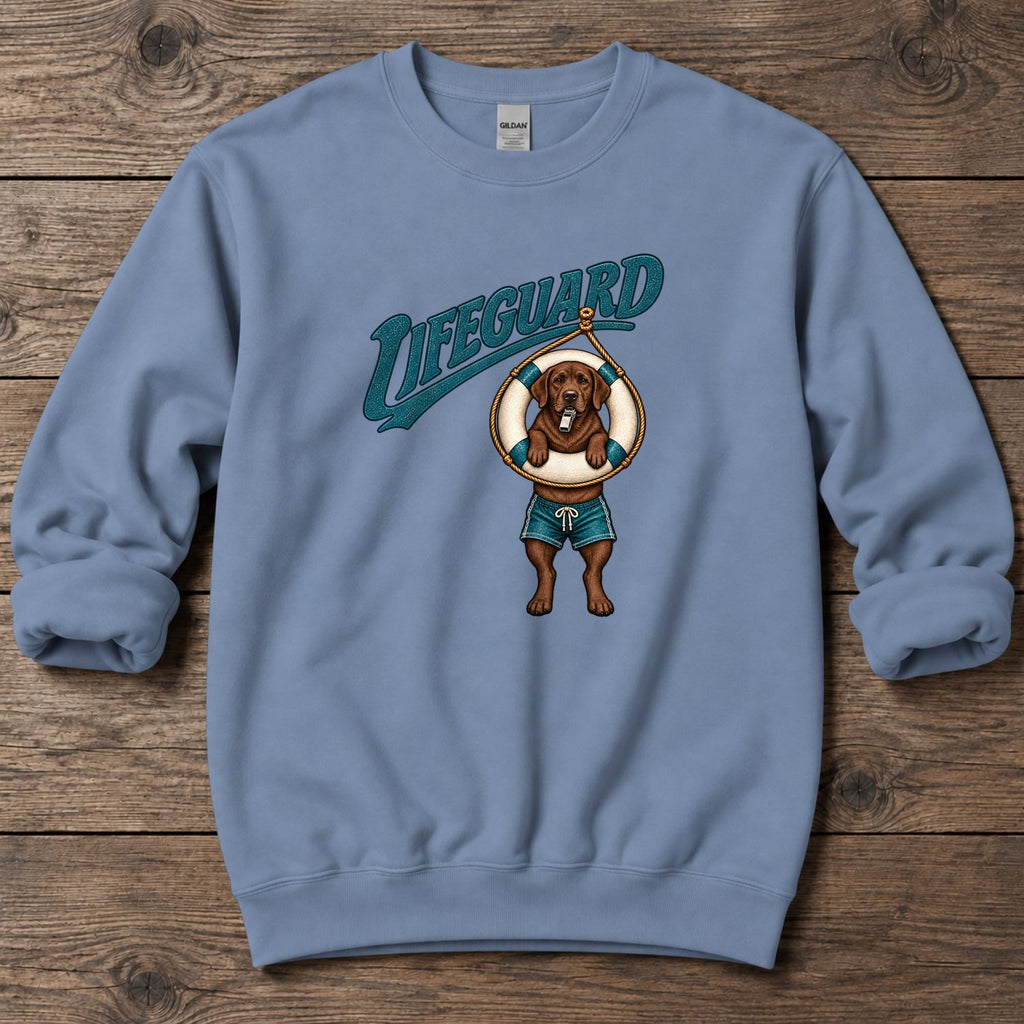 Lifeguard Chocolate Labrador Midweight Sweatshirt in Stone Blue, Salty Paws Midweight Sweatshirt, front design flat lay