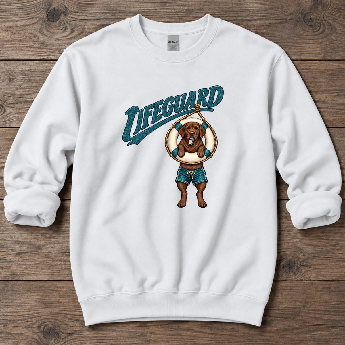 Lifeguard Chocolate Labrador Midweight Sweatshirt in White, Salty Paws Midweight Sweatshirt, front design flat lay