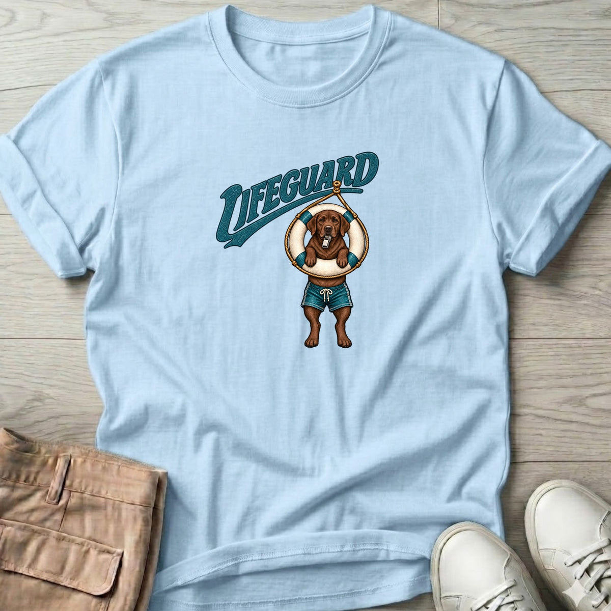Lifeguard Chocolate Labrador T-Shirt in Light Blue, Salty Paws Soft Style T-Shirt, front design flat lay