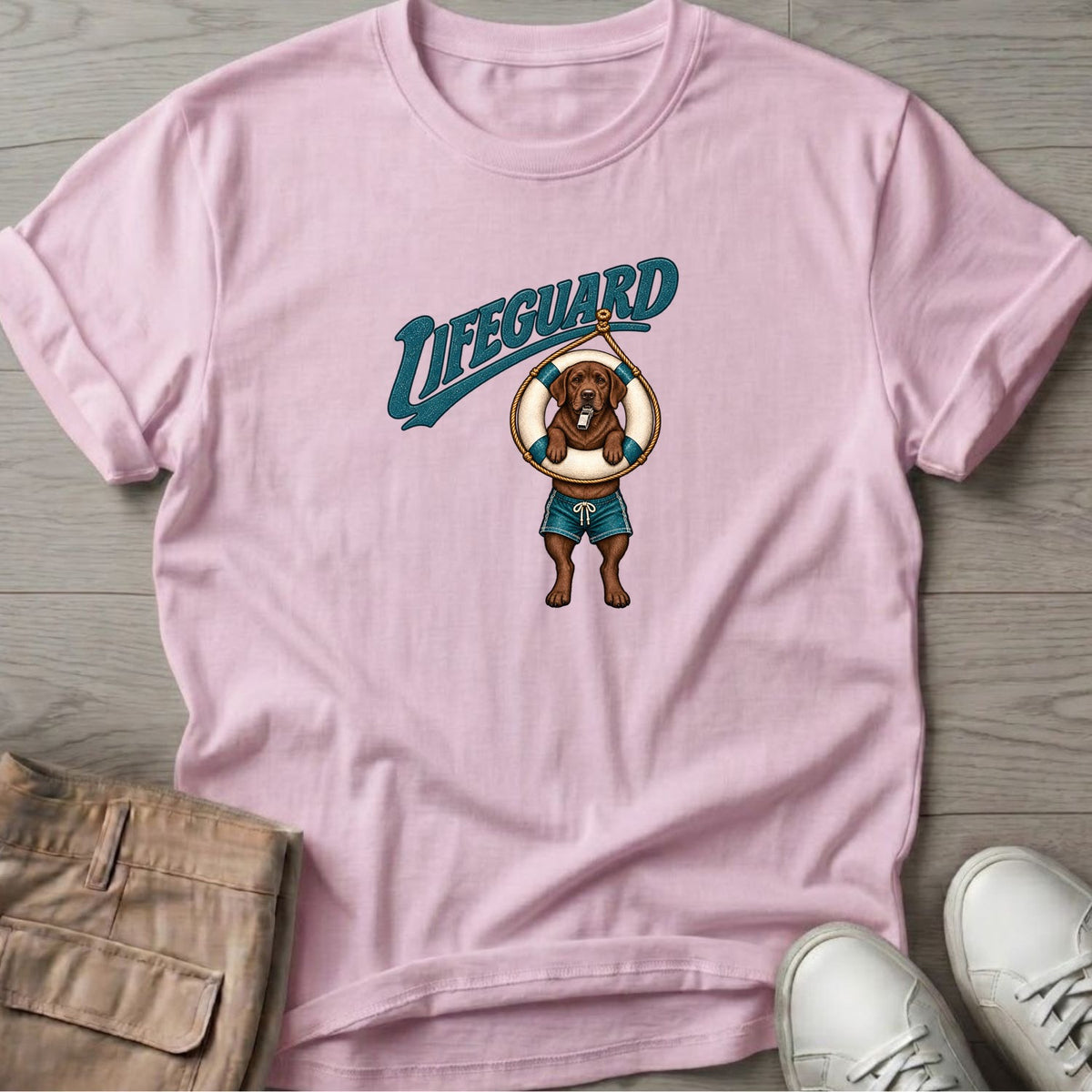 Lifeguard Chocolate Labrador T-Shirt in Light Pink, Salty Paws Soft Style T-Shirt, front design flat lay
