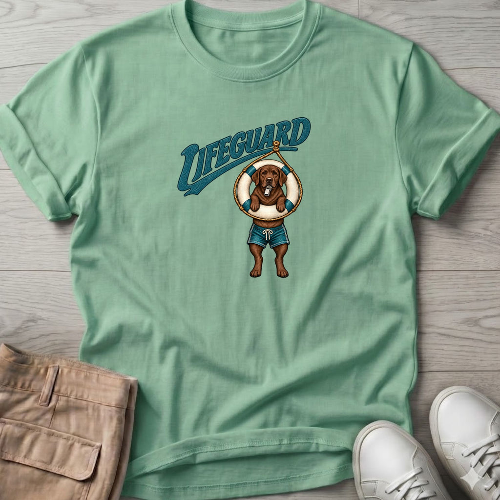Lifeguard Chocolate Labrador T-Shirt in Mint Green, Salty Paws Soft Style T-Shirt, front design flat lay