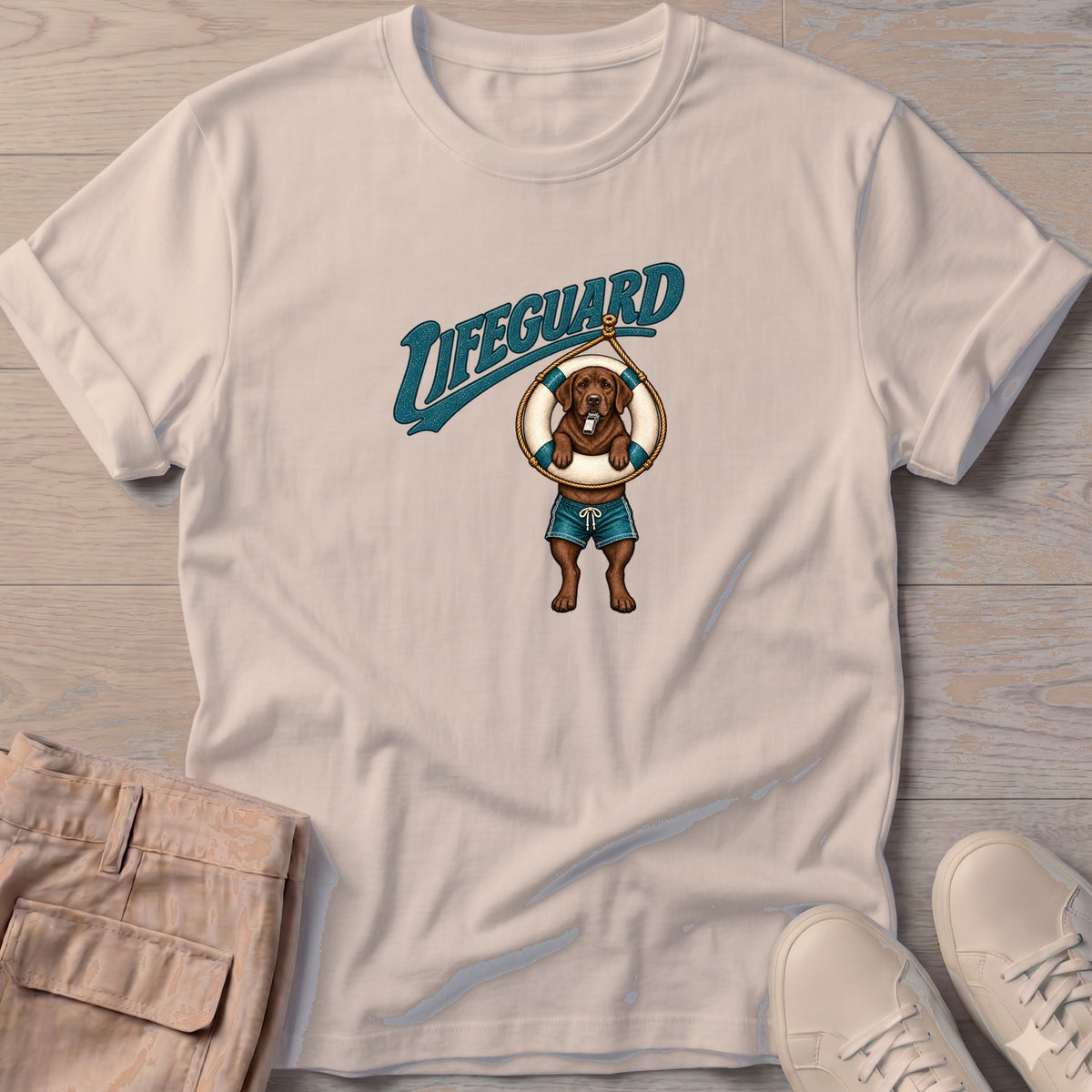 Lifeguard Chocolate Labrador T-Shirt in Sand, Salty Paws Soft Style T-Shirt, front design flat lay