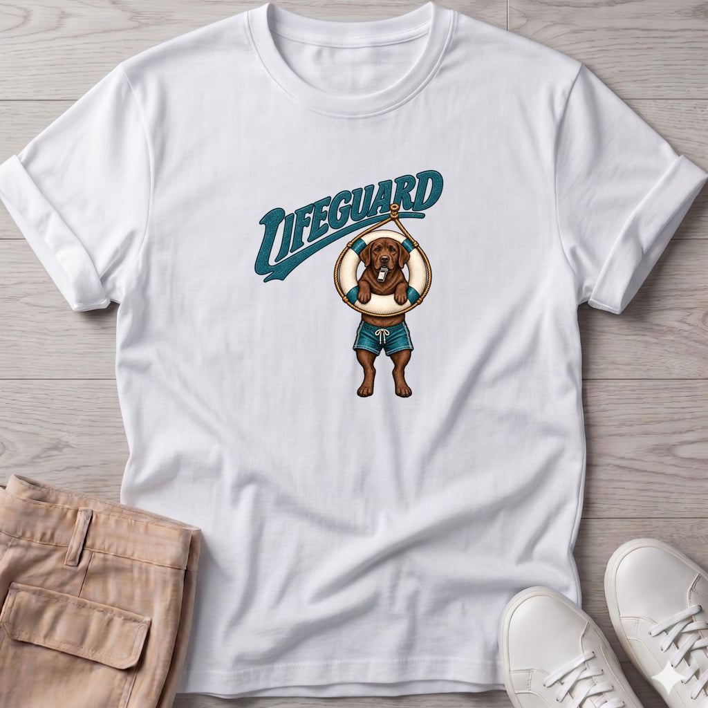Lifeguard Chocolate Labrador T-Shirt in White, Salty Paws Soft Style T-Shirt, front design flat lay