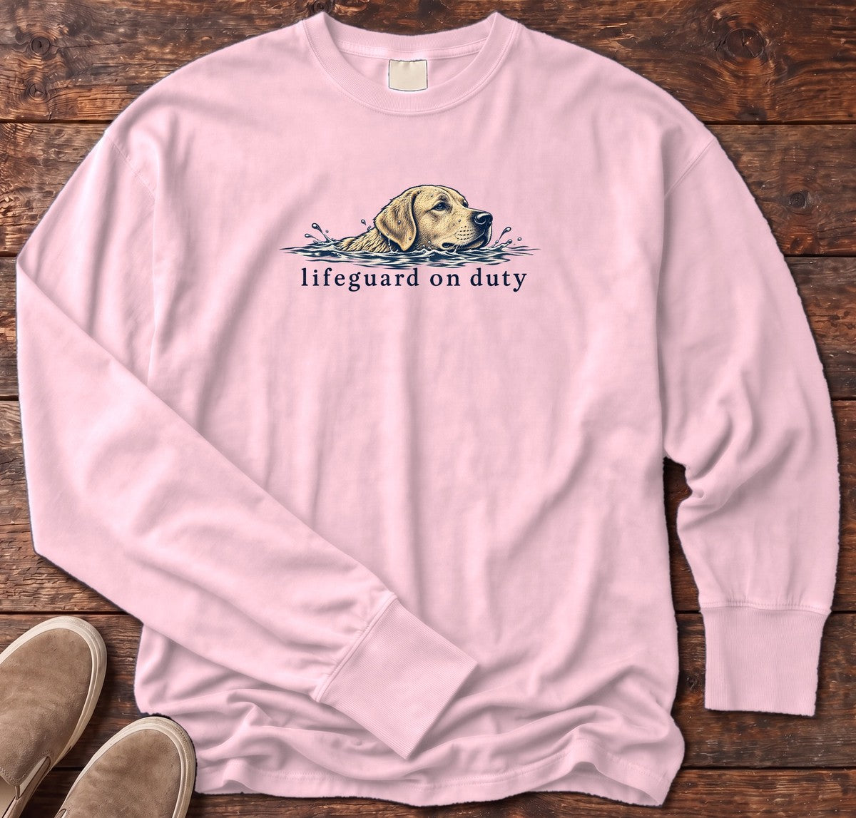 Lifeguard on Duty Yellow Lab Long Sleeve Tee in Blossom, Salty Paws Comfort Colors Long Sleeve Tee, front design flat lay
