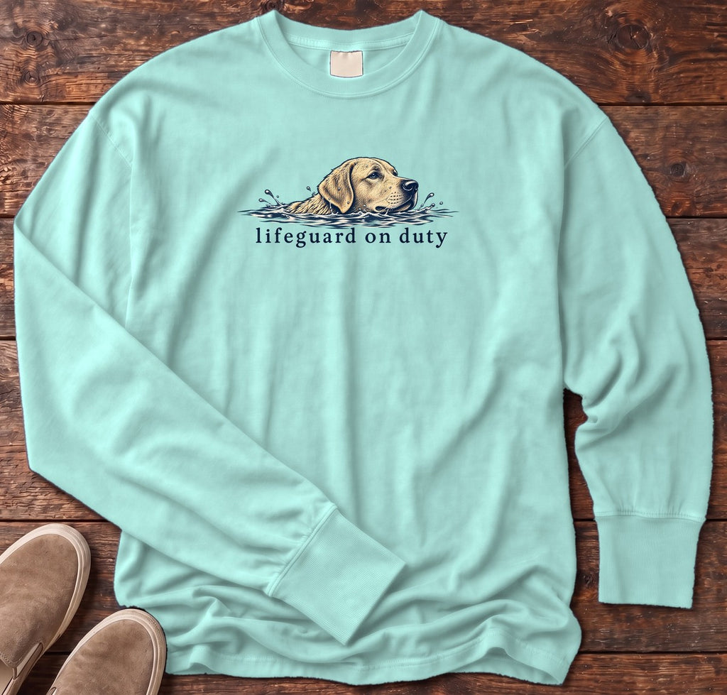 Lifeguard on Duty Yellow Lab Long Sleeve Tee in Chalky Mint, Salty Paws Comfort Colors Long Sleeve Tee, front design flat lay