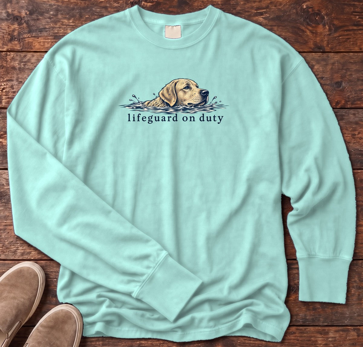 Lifeguard on Duty Yellow Lab Long Sleeve Tee in Chalky Mint, Salty Paws Comfort Colors Long Sleeve Tee, front design flat lay