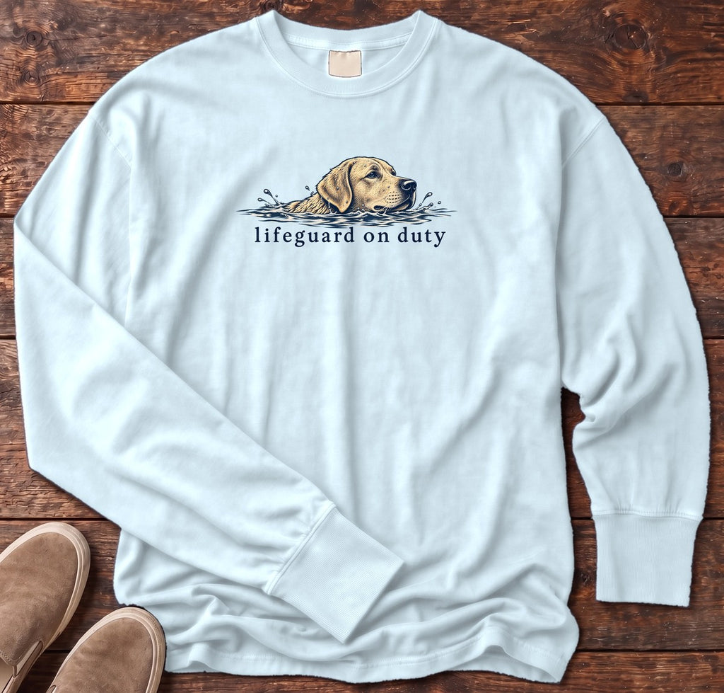 Lifeguard on Duty Yellow Lab Long Sleeve Tee in Chambray, Salty Paws Comfort Colors Long Sleeve Tee, front design flat lay