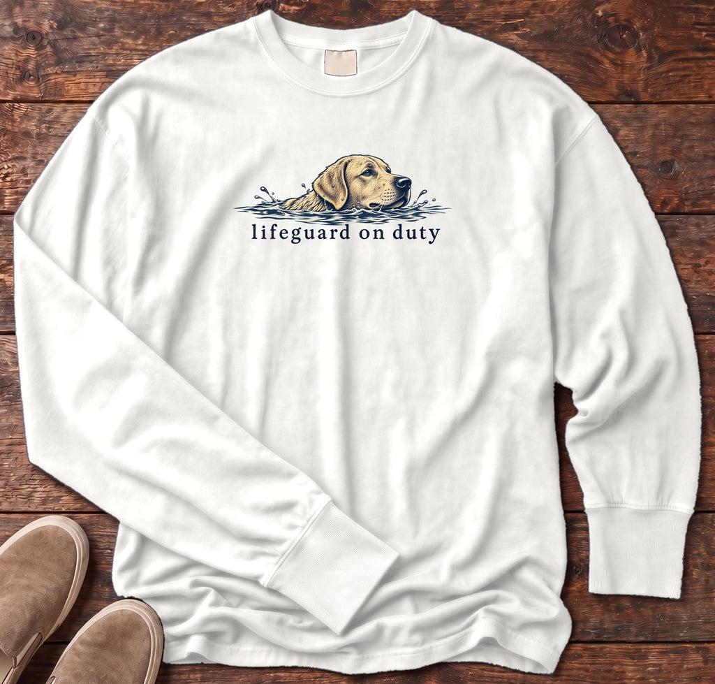 Lifeguard on Duty Yellow Lab Long Sleeve Tee in White, Salty Paws Comfort Colors Long Sleeve Tee, front design flat lay
