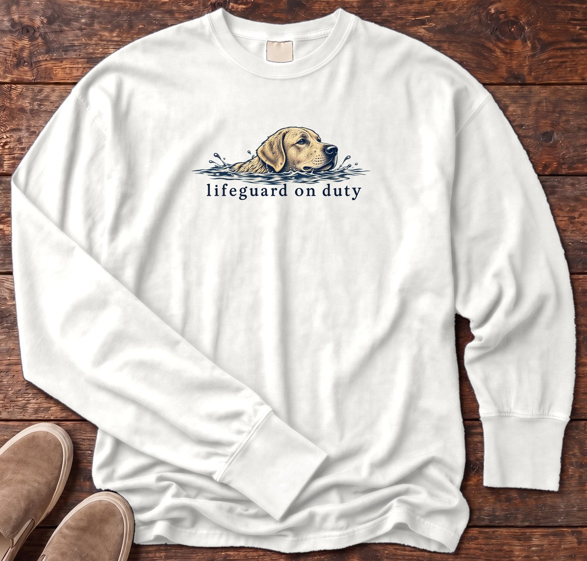 Lifeguard on Duty Yellow Lab Long Sleeve Tee in White, Salty Paws Comfort Colors Long Sleeve Tee, front design flat lay