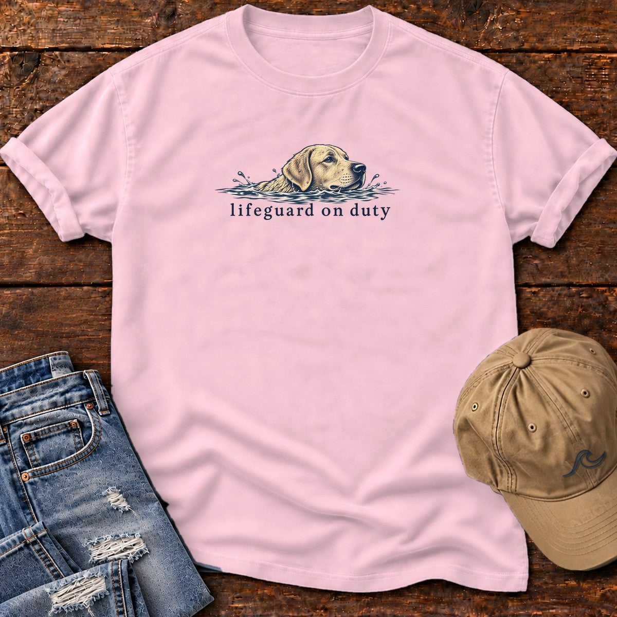 Lifeguard on Duty Yellow Lab T-Shirt in Blossom, Salty Paws Comfort Colors T-Shirt, front design flat lay