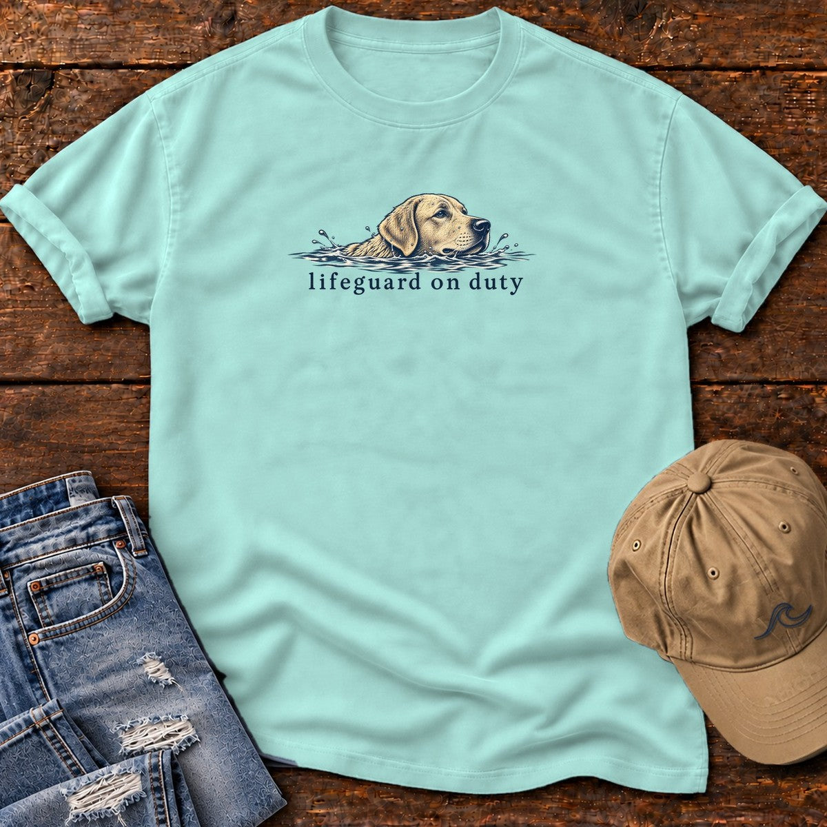 Lifeguard on Duty Yellow Lab T-Shirt in Chalky Mint, Salty Paws Comfort Colors T-Shirt, front design flat lay