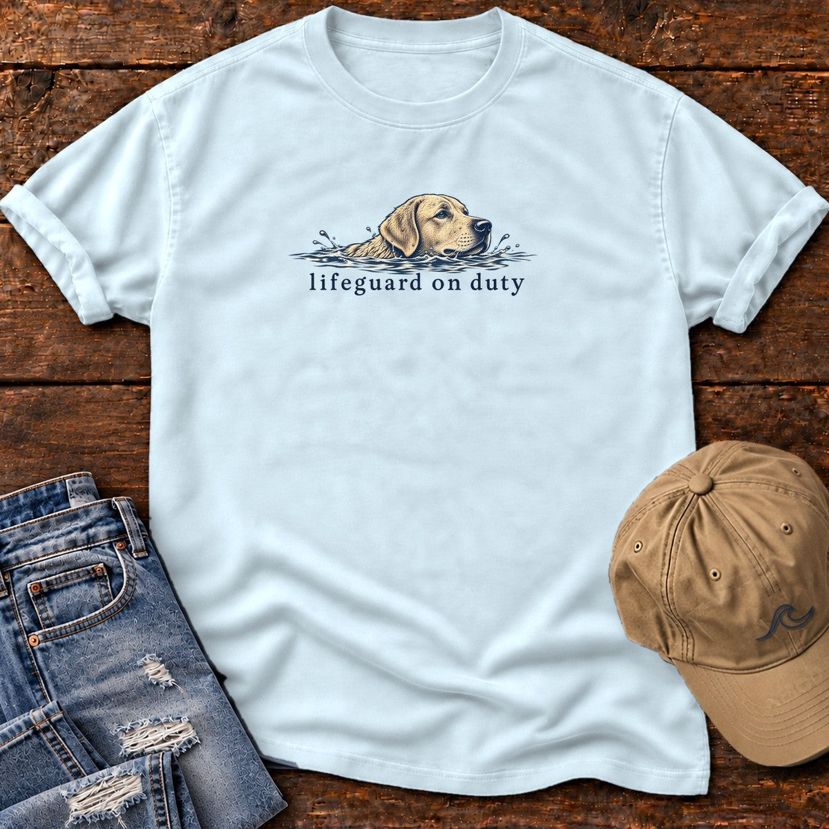Lifeguard on Duty Yellow Lab T-Shirt in Chambray, Salty Paws Comfort Colors T-Shirt, front design flat lay