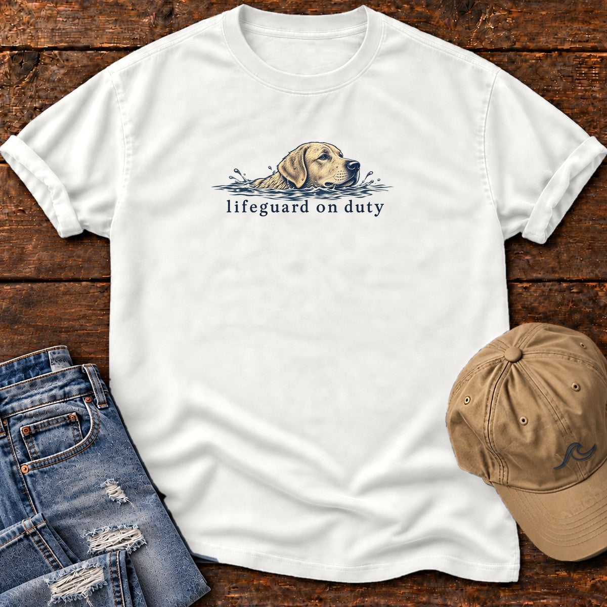 Lifeguard on Duty Yellow Lab T-Shirt in White, Salty Paws Comfort Colors T-Shirt, front design flat lay