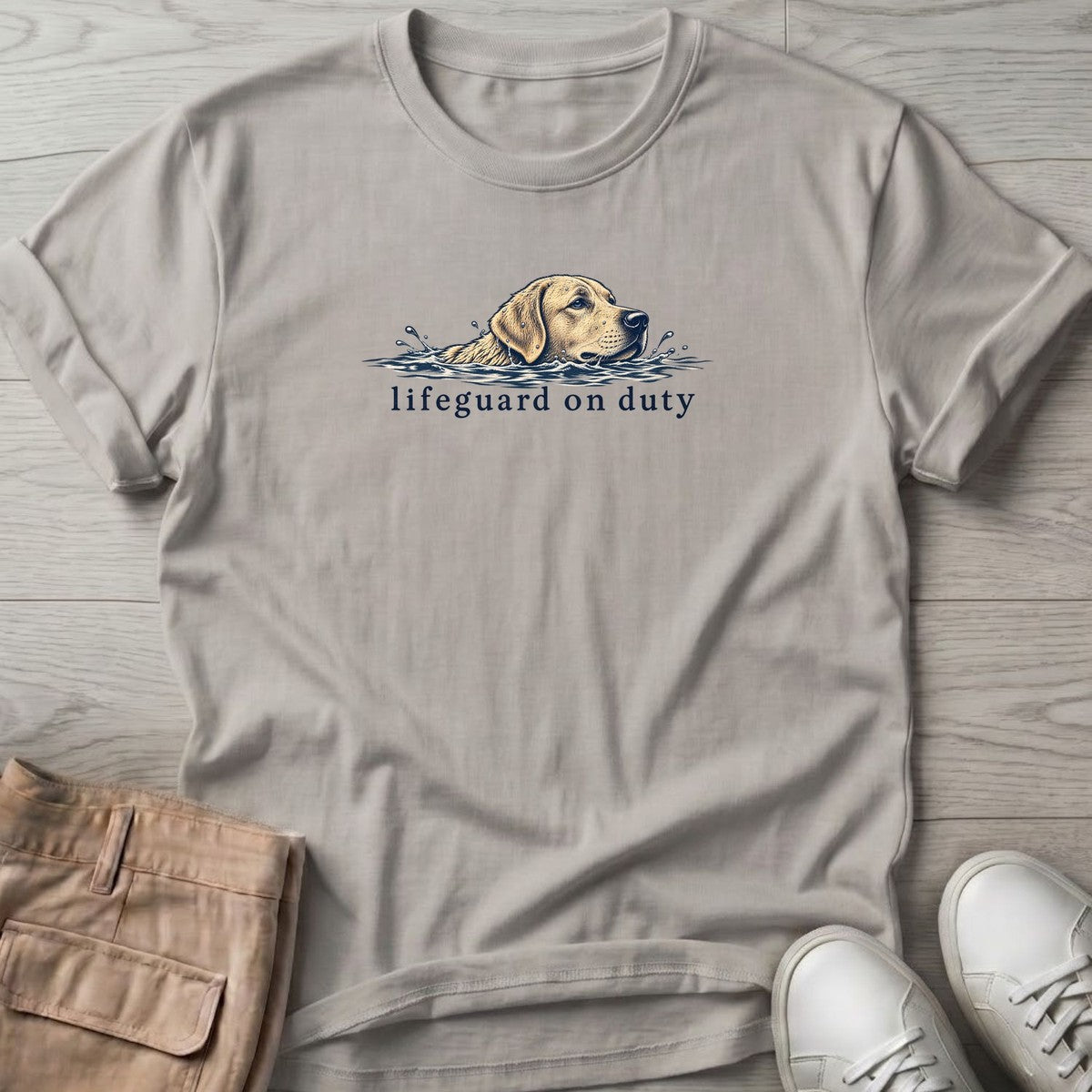 Lifeguard on Duty Yellow Lab T-Shirt in Ice Grey, Salty Paws T-Shirt, front design flat lay
