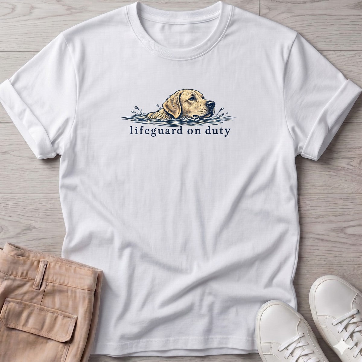 Lifeguard on Duty Yellow Lab T-Shirt in White, Salty Paws T-Shirt, front design flat lay