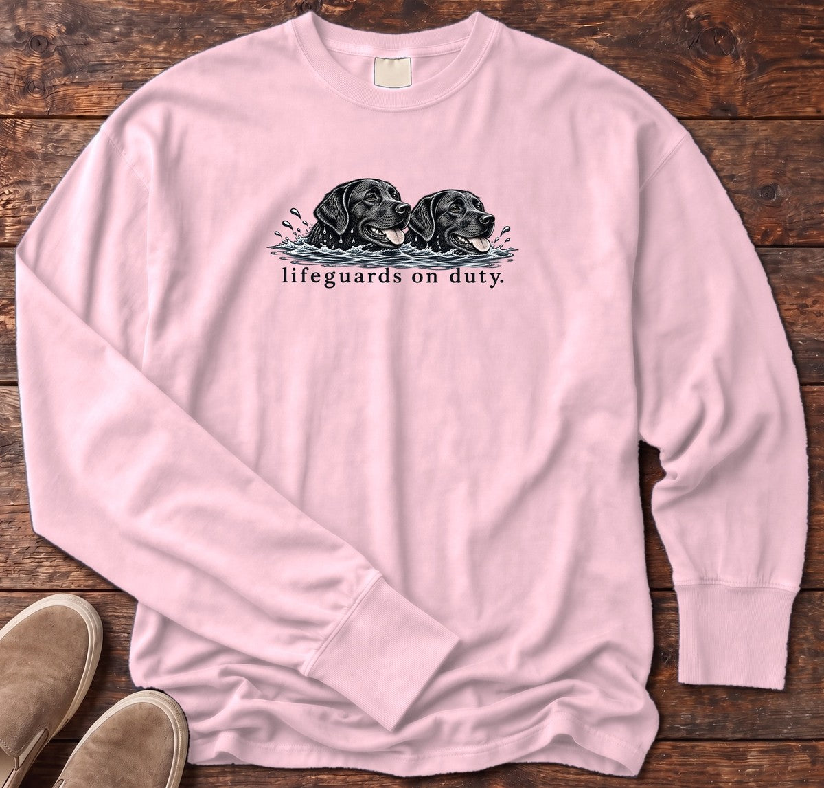 Lifeguards on Duty Black Labs Long Sleeve Tee in Blossom, Salty Paws Comfort Colors Long Sleeve Tee, front design flat lay