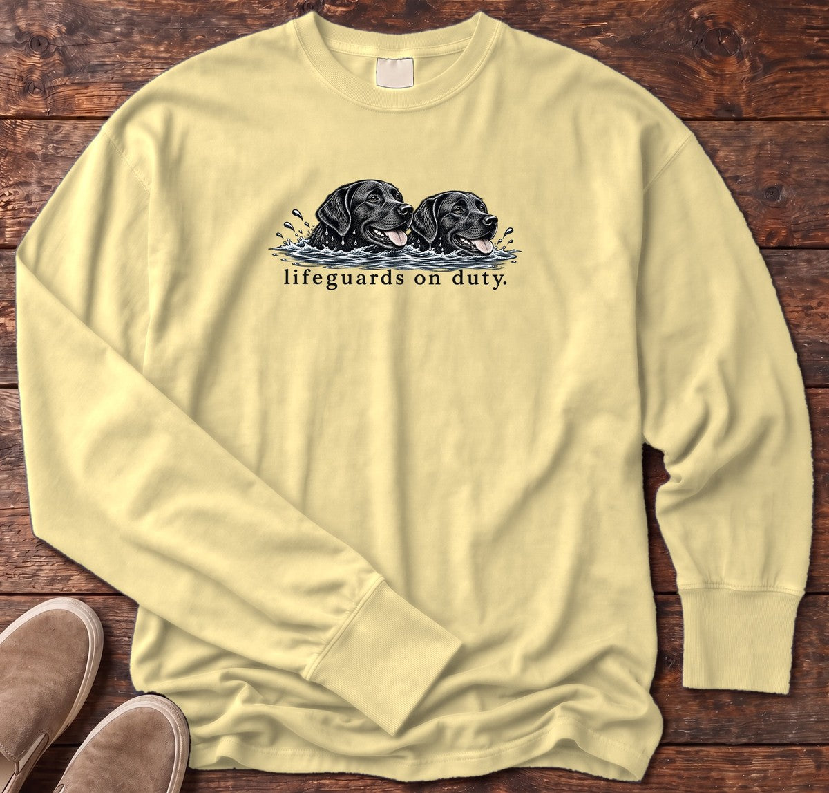 Lifeguards on Duty Black Labs Long Sleeve Tee in Butter, Salty Paws Comfort Colors Long Sleeve Tee, front design flat lay