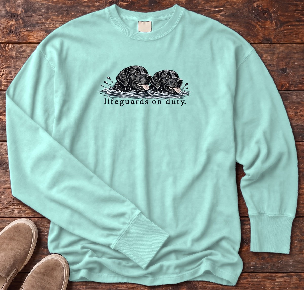 Lifeguards on Duty Black Labs Long Sleeve Tee in Chalky Mint, Salty Paws Comfort Colors Long Sleeve Tee, front design flat lay