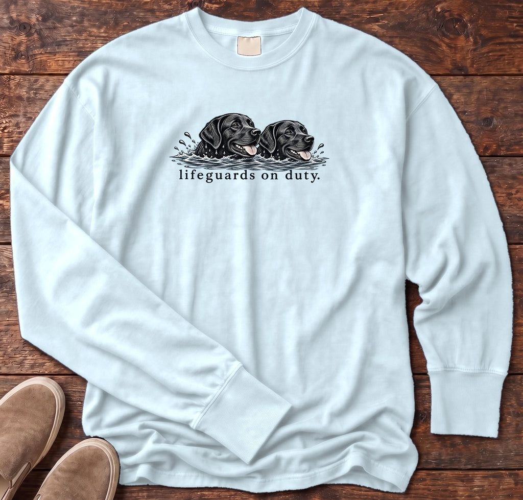 Lifeguards on Duty Black Labs Long Sleeve Tee in Chambray, Salty Paws Comfort Colors Long Sleeve Tee, front design flat lay