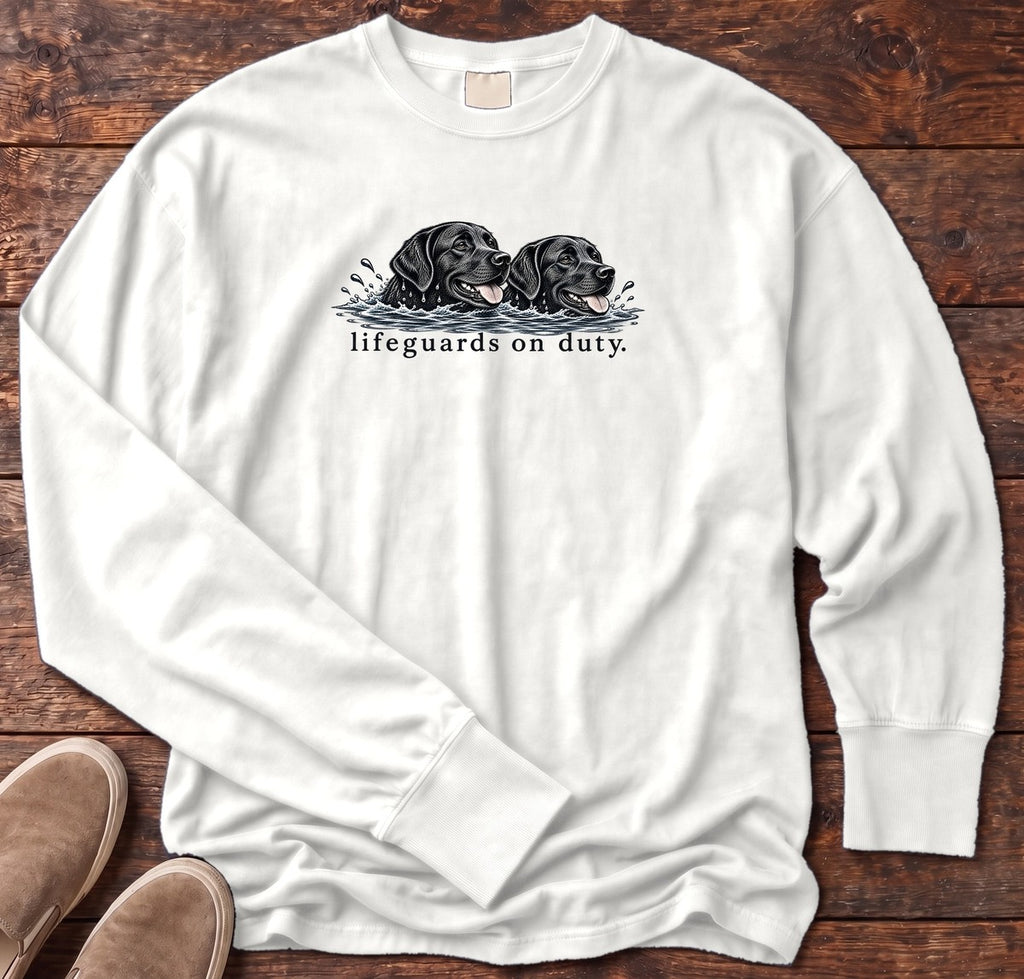 Lifeguards on Duty Black Labs Long Sleeve Tee in White, Salty Paws Comfort Colors Long Sleeve Tee, front design flat lay