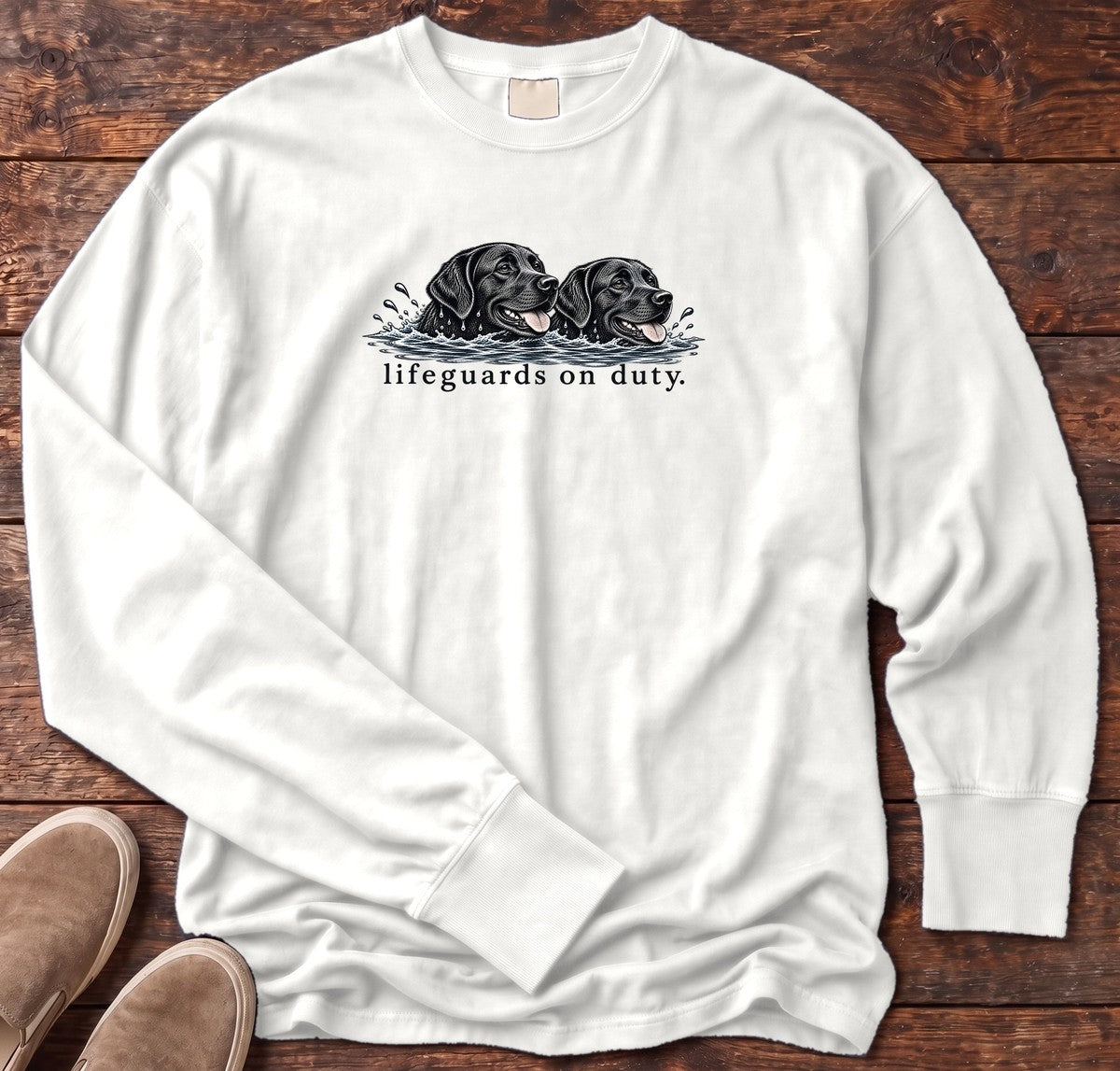 Lifeguards on Duty Black Labs Long Sleeve Tee in White, Salty Paws Comfort Colors Long Sleeve Tee, front design flat lay