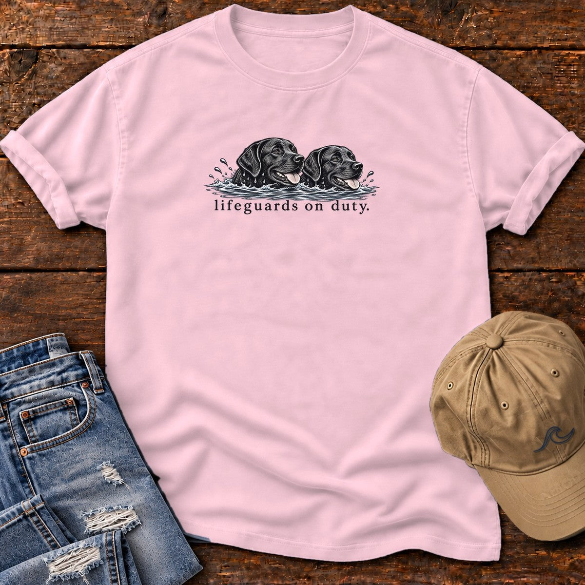 Lifeguards on Duty Black Labs T-Shirt in Blossom, Salty Paws Comfort Colors T-Shirt, front design flat lay