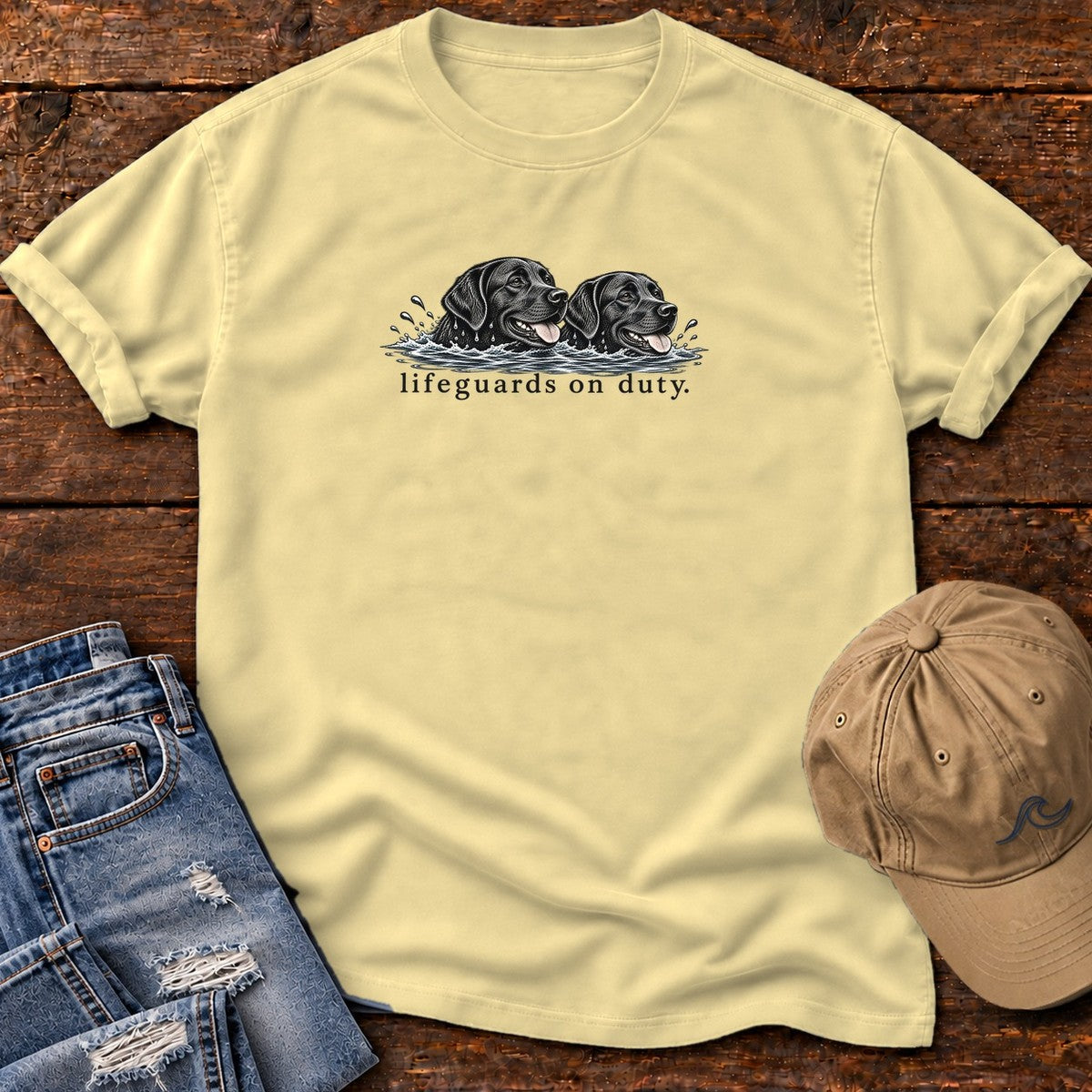 Lifeguards on Duty Black Labs T-Shirt in Butter, Salty Paws Comfort Colors T-Shirt, front design flat lay