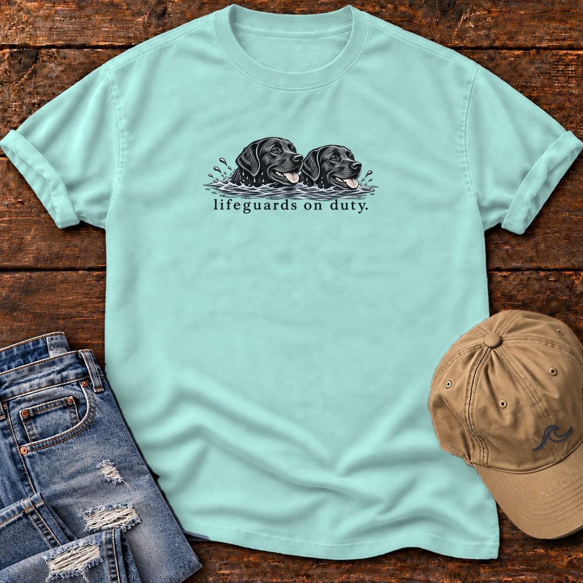 Lifeguards on Duty Black Labs T-Shirt in Chalky Mint, Salty Paws Comfort Colors T-Shirt, front design flat lay