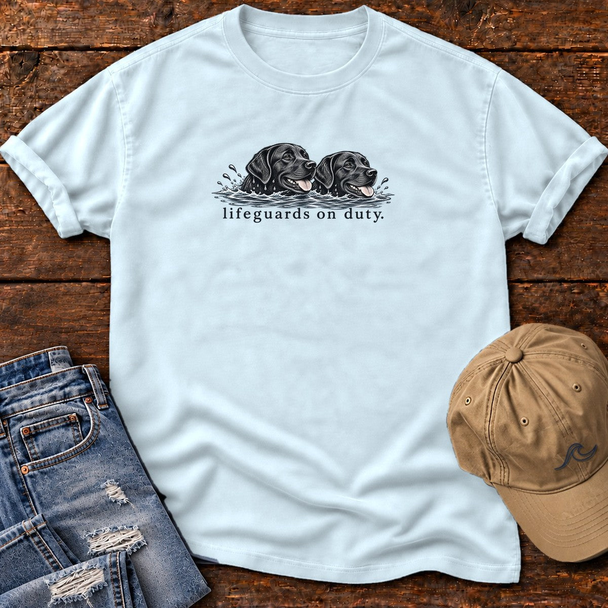Lifeguards on Duty Black Labs T-Shirt in Chambray, Salty Paws Comfort Colors T-Shirt, front design flat lay