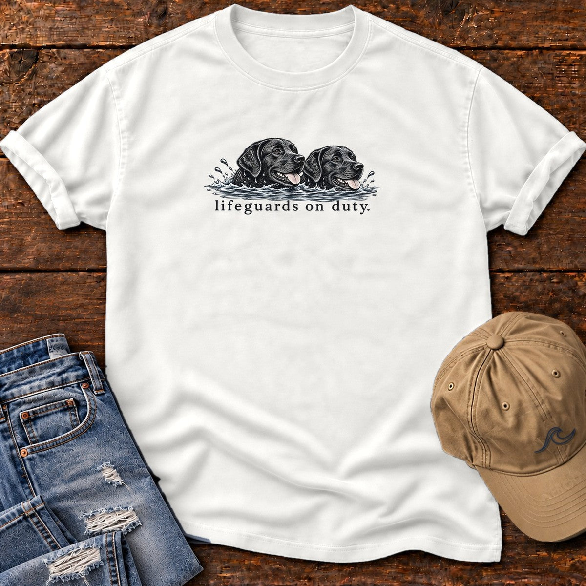 Lifeguards on Duty Black Labs T-Shirt in White, Salty Paws Comfort Colors T-Shirt, front design flat lay