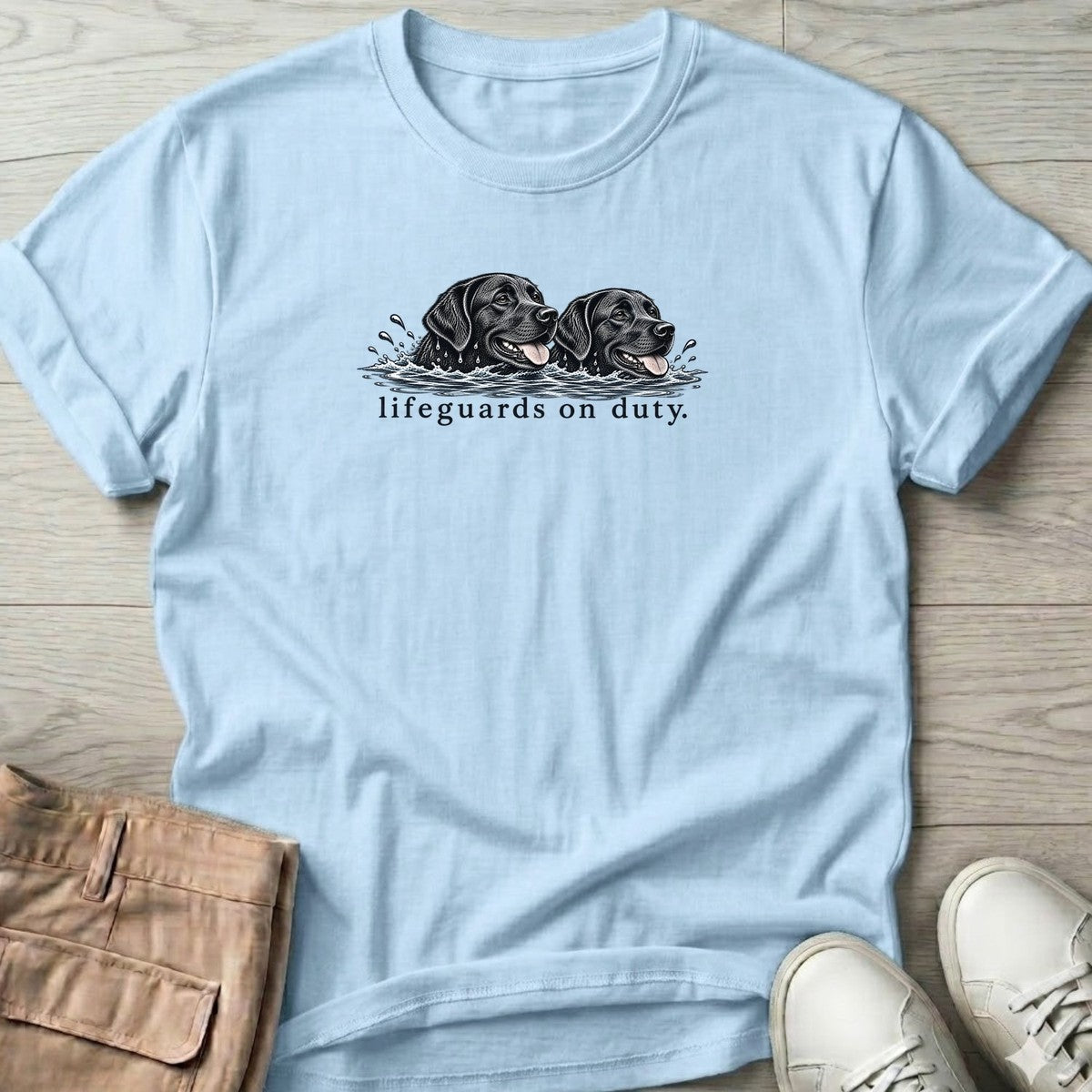 Lifeguards on Duty Black Labs T-Shirt in Light Blue, Salty Paws T-Shirt, front design flat lay