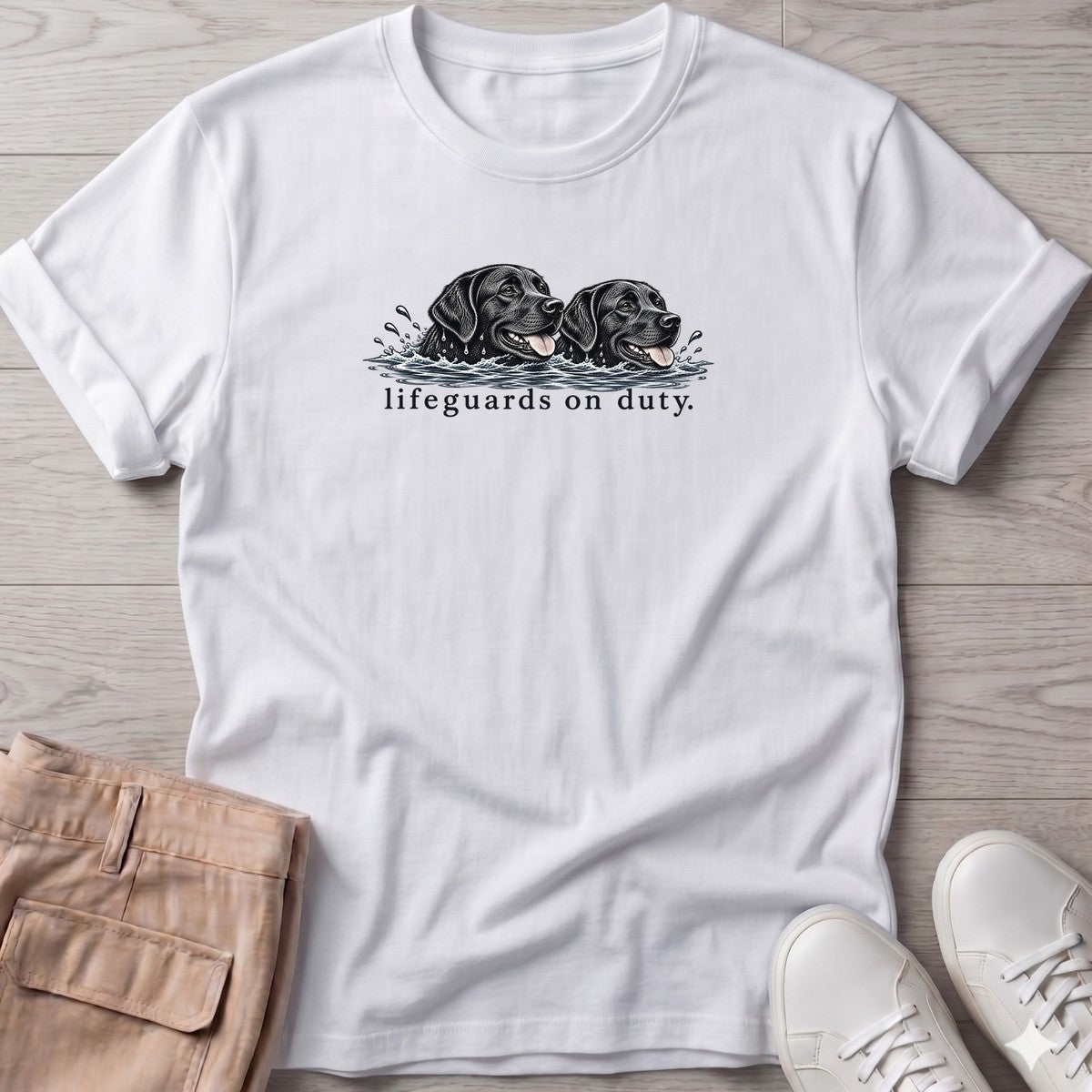 Lifeguards on Duty Black Labs T-Shirt in White, Salty Paws T-Shirt, front design flat lay