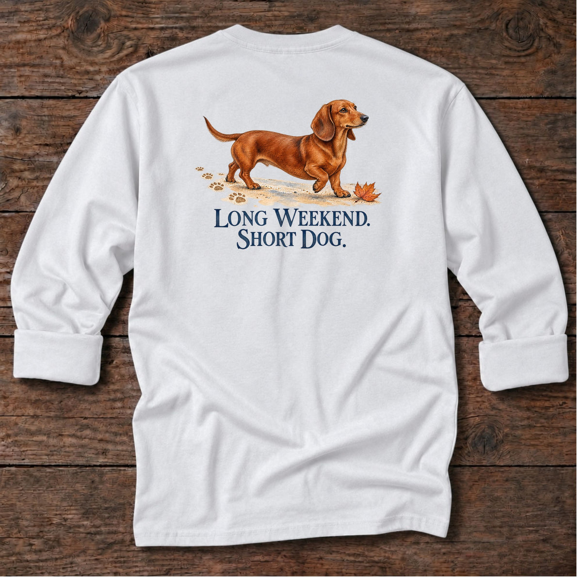 Long Weekend Short Dog Back Design Long T-Shirt in White, Salty Paws coastal long sleeve tee