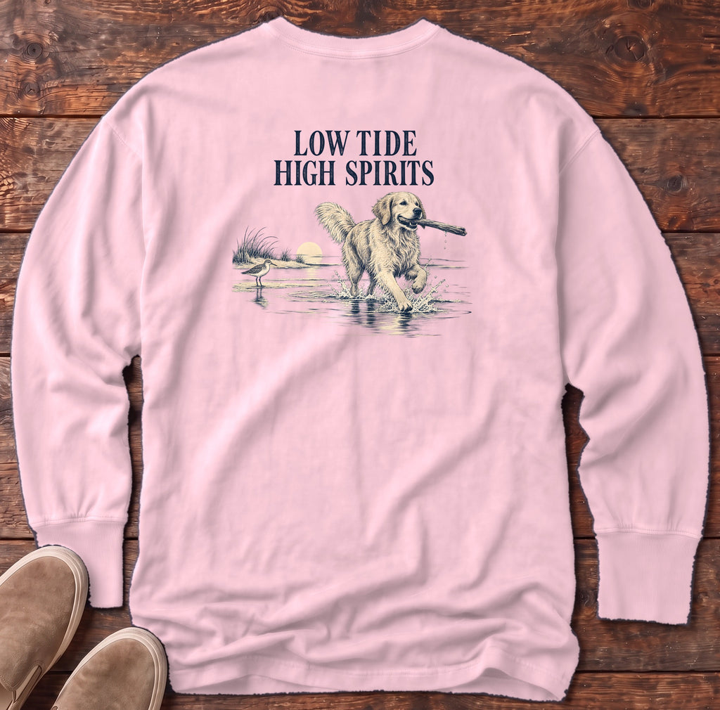 Low Tide, High Spirits Golden Retriever Back Design Long Sleeve Tee Comfort Colors in Blossom, Salty Paws Comfort Colors Long Sleeve Tee, back design flat lay
