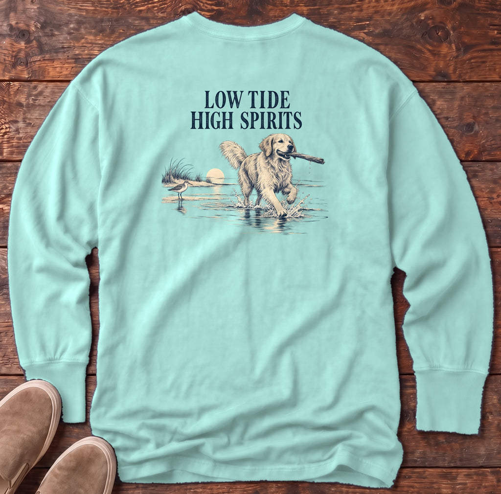 Low Tide, High Spirits Golden Retriever Back Design Long Sleeve Tee Comfort Colors in Chalky Mint, Salty Paws Comfort Colors Long Sleeve Tee, back design flat lay