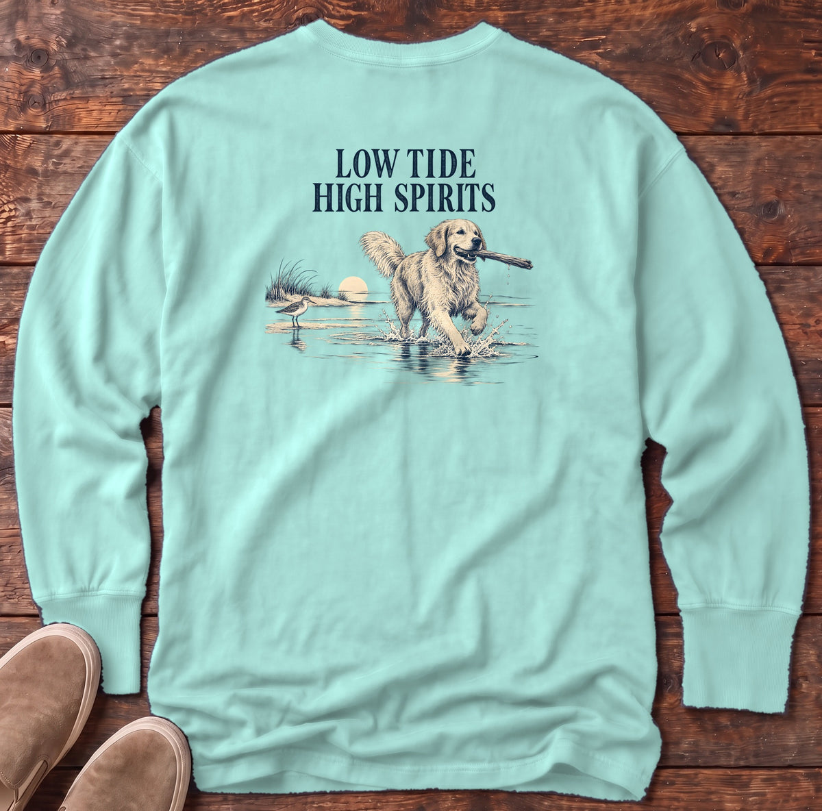Low Tide, High Spirits Golden Retriever Back Design Long Sleeve Tee Comfort Colors in Chalky Mint, Salty Paws Comfort Colors Long Sleeve Tee, back design flat lay