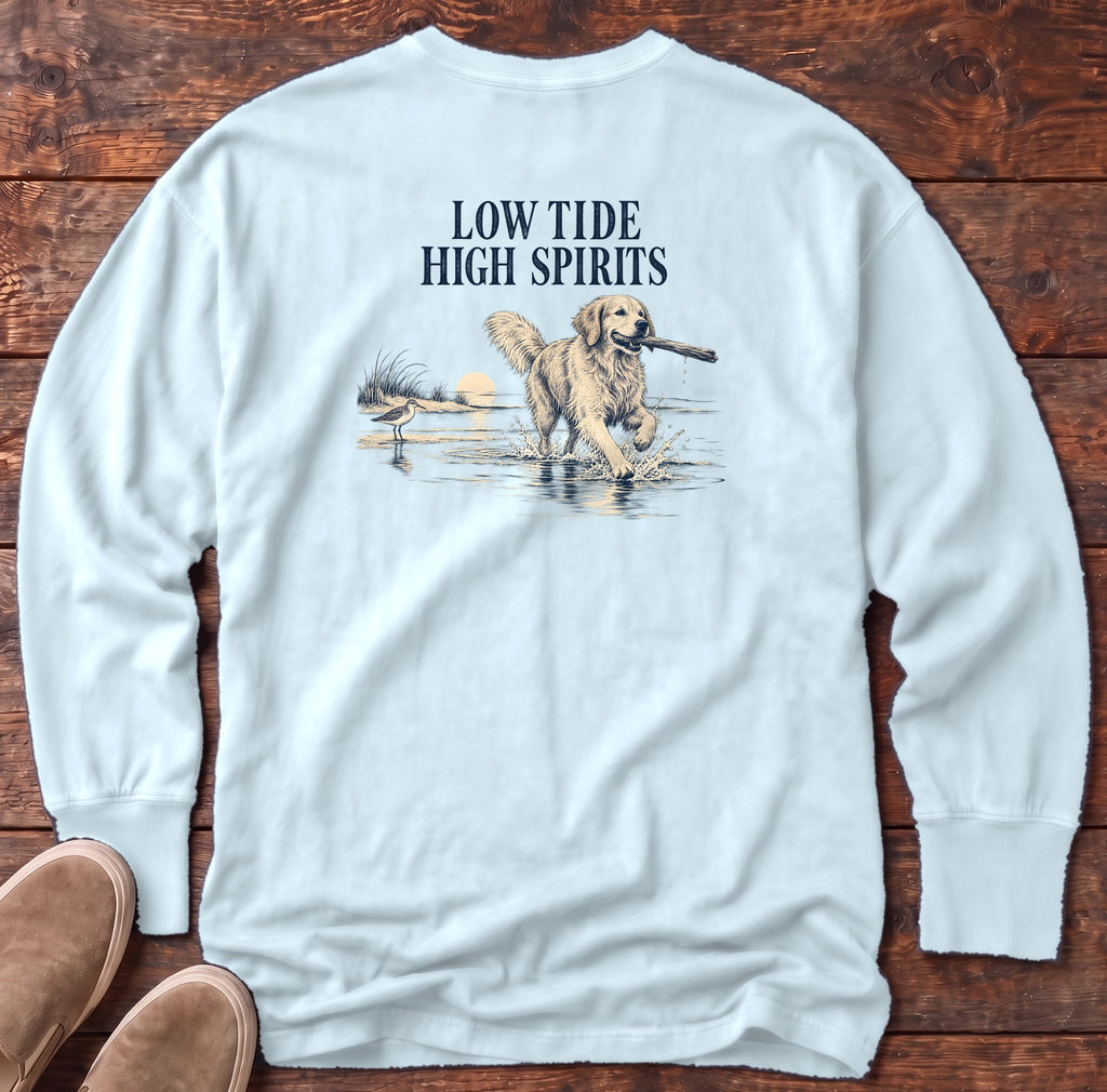 Low Tide, High Spirits Golden Retriever Back Design Long Sleeve Tee Comfort Colors in Chambray, Salty Paws Comfort Colors Long Sleeve Tee, back design flat lay