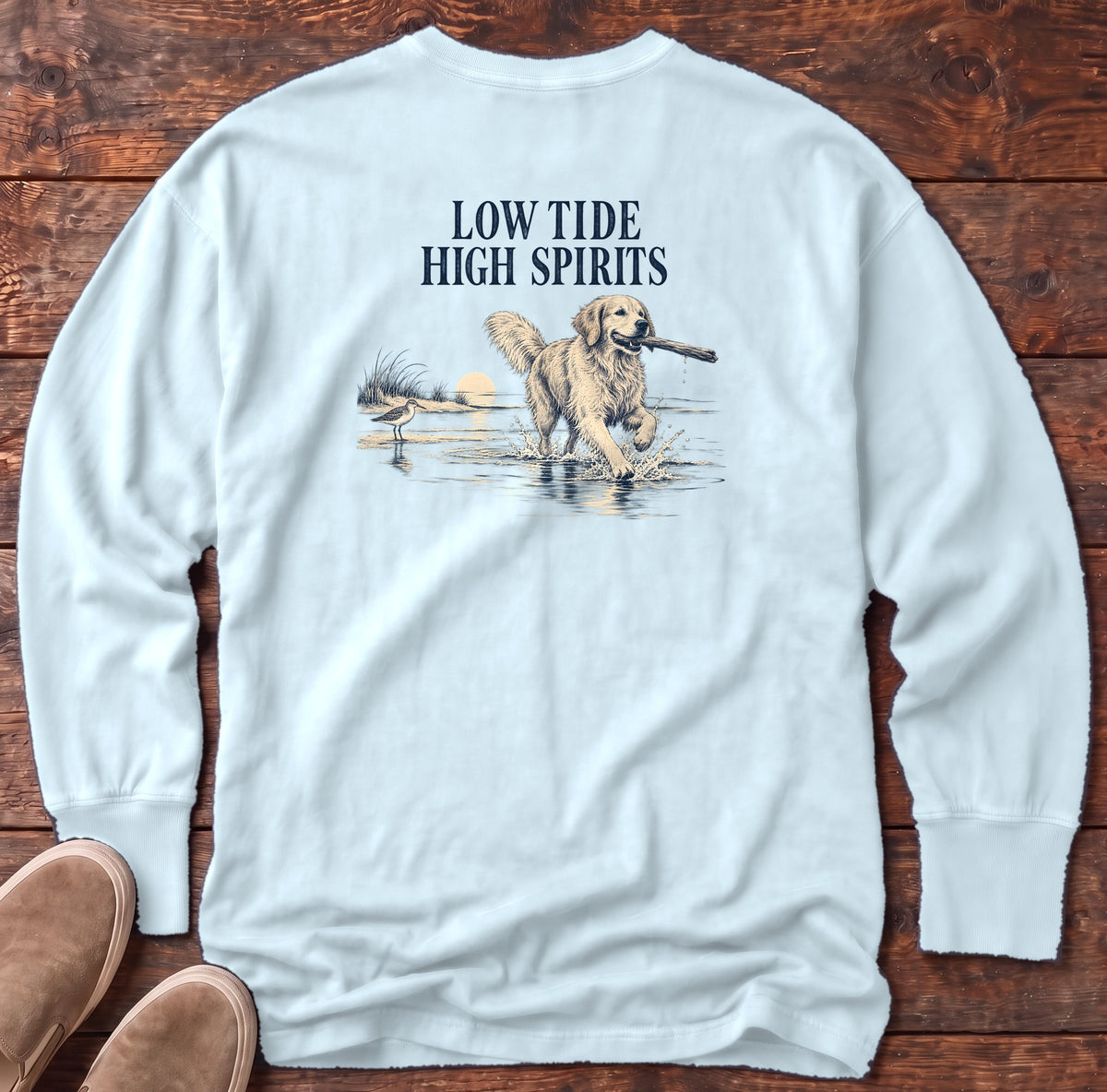 Low Tide, High Spirits Golden Retriever Back Design Long Sleeve Tee Comfort Colors in Chambray, Salty Paws Comfort Colors Long Sleeve Tee, back design flat lay