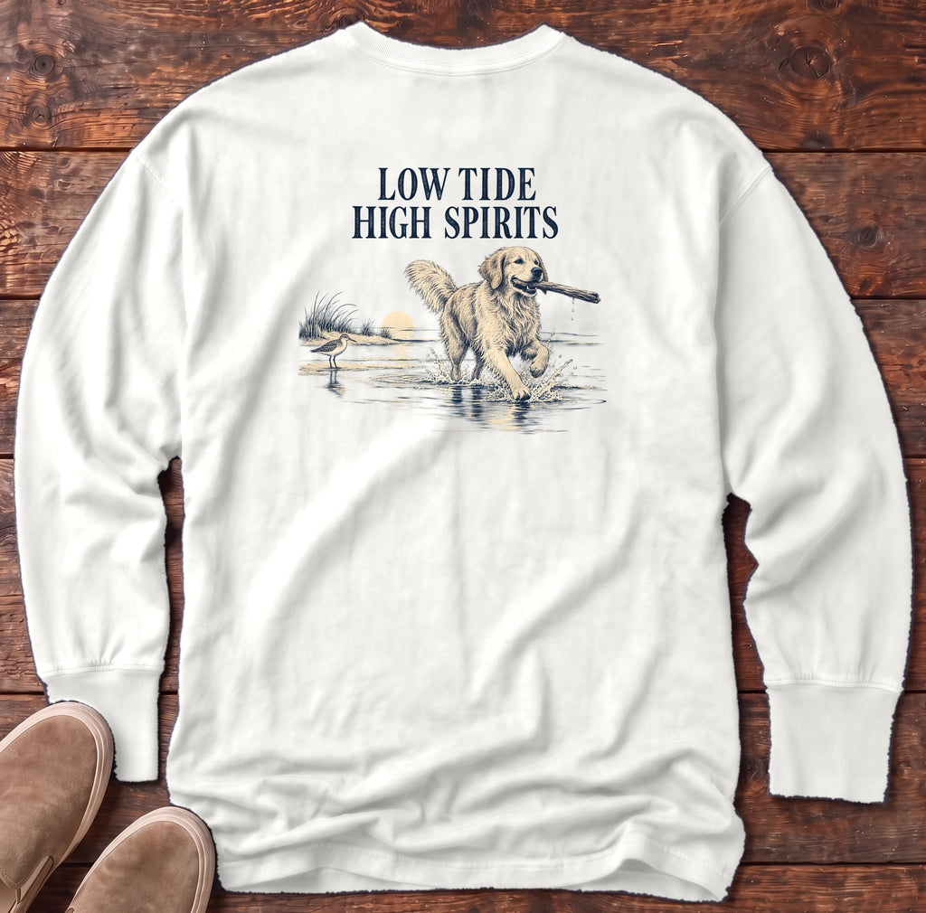 Low Tide, High Spirits Golden Retriever Back Design Long Sleeve Tee Comfort Colors in White, Salty Paws Comfort Colors Long Sleeve Tee, back design flat lay