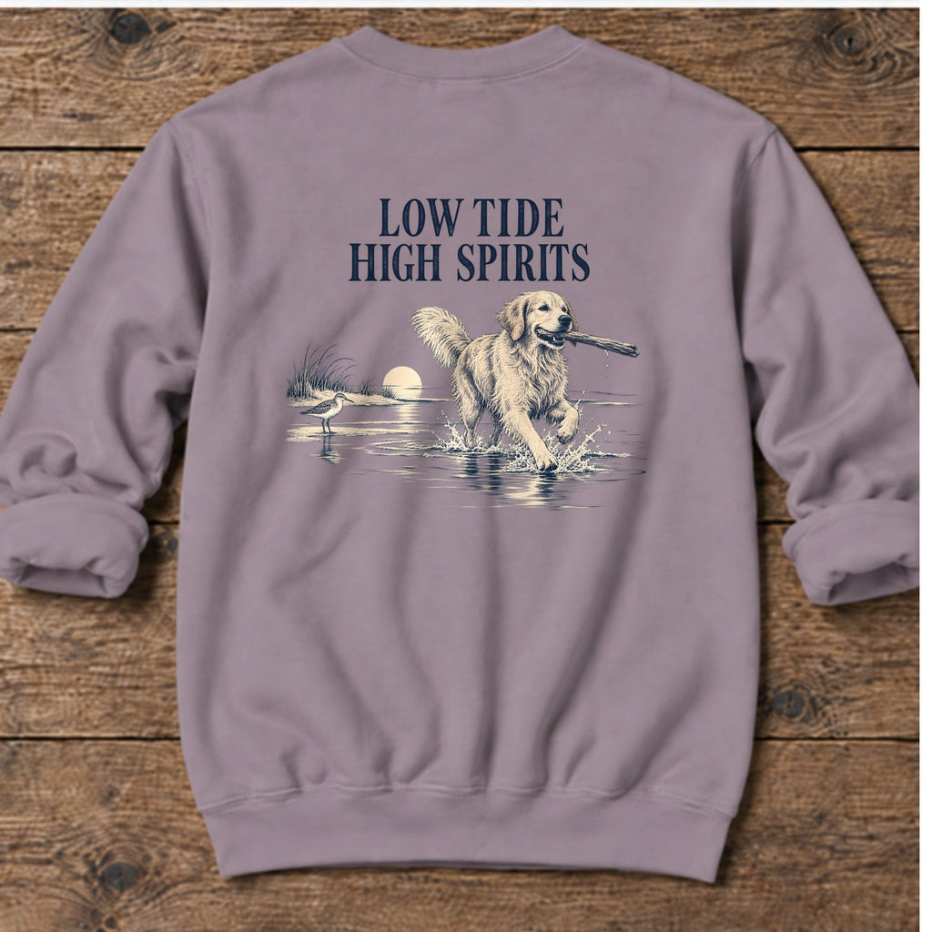 Low Tide, High Spirits Golden Retriever Back Design Midweight Sweatshirt in Paragon, Salty Paws Midweight Sweatshirt, back design flat lay