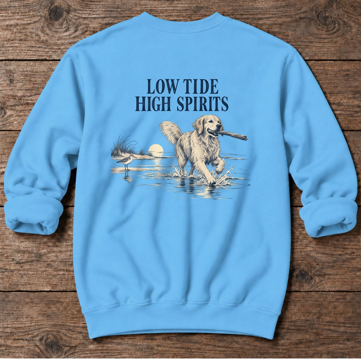 Low Tide, High Spirits Golden Retriever Back Design Midweight Sweatshirt in Sky, Salty Paws Midweight Sweatshirt, back design flat lay