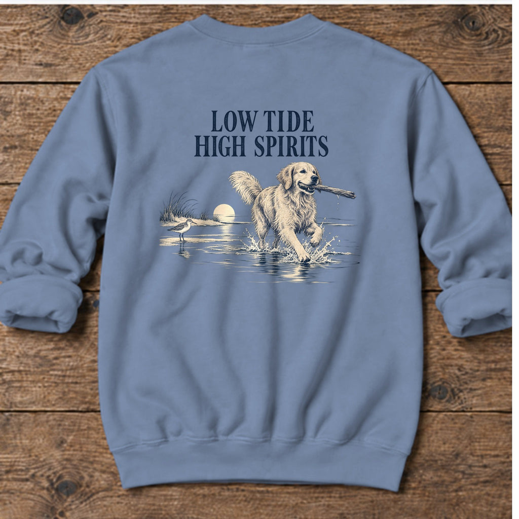 Low Tide, High Spirits Golden Retriever Back Design Midweight Sweatshirt in Stone Blue, Salty Paws Midweight Sweatshirt, back design flat lay