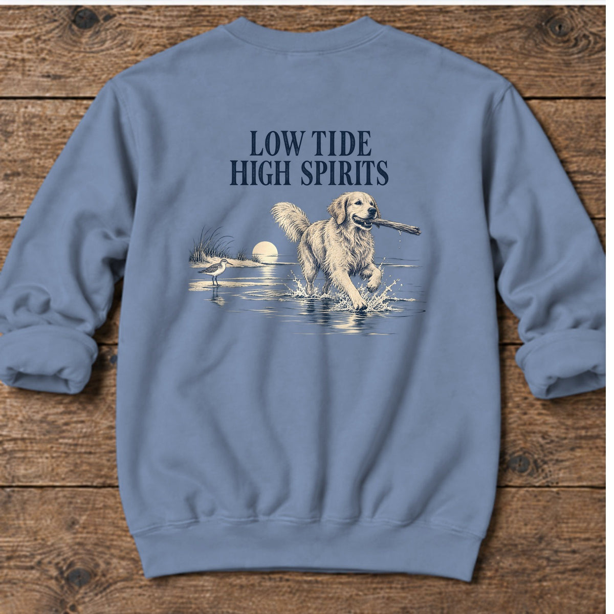 Low Tide, High Spirits Golden Retriever Back Design Midweight Sweatshirt in Stone Blue, Salty Paws Midweight Sweatshirt, back design flat lay