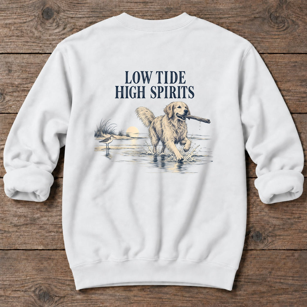 Low Tide, High Spirits Golden Retriever Back Design Midweight Sweatshirt in White, Salty Paws Midweight Sweatshirt, back design flat lay