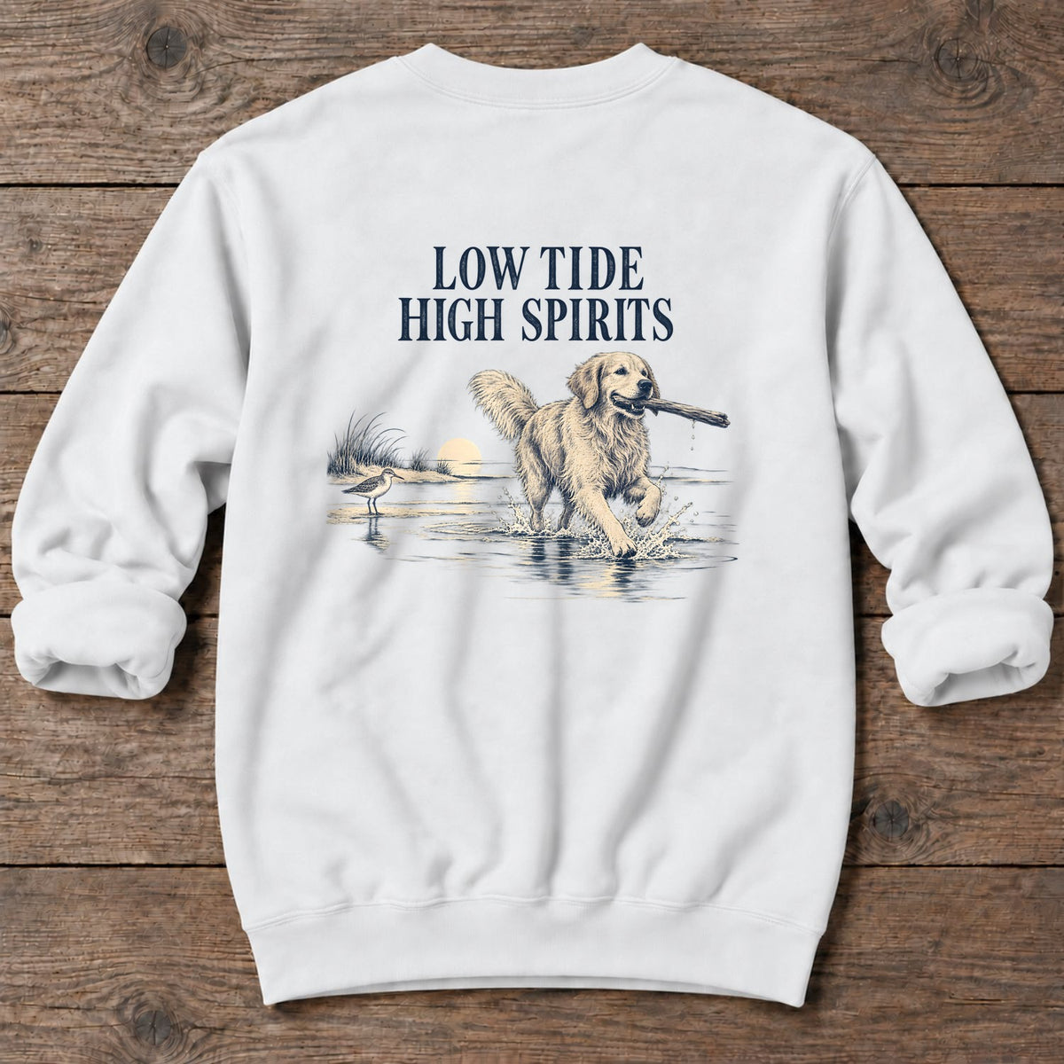 Low Tide, High Spirits Golden Retriever Back Design Midweight Sweatshirt in White, Salty Paws Midweight Sweatshirt, back design flat lay