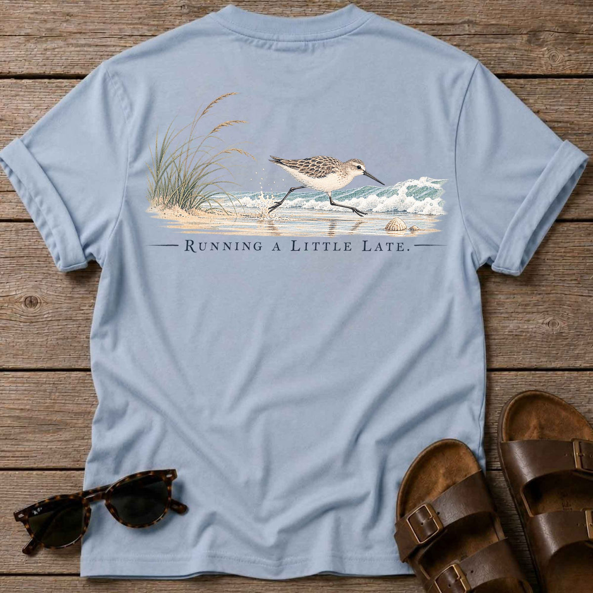 Running Late Sandpiper Back Design T-Shirt