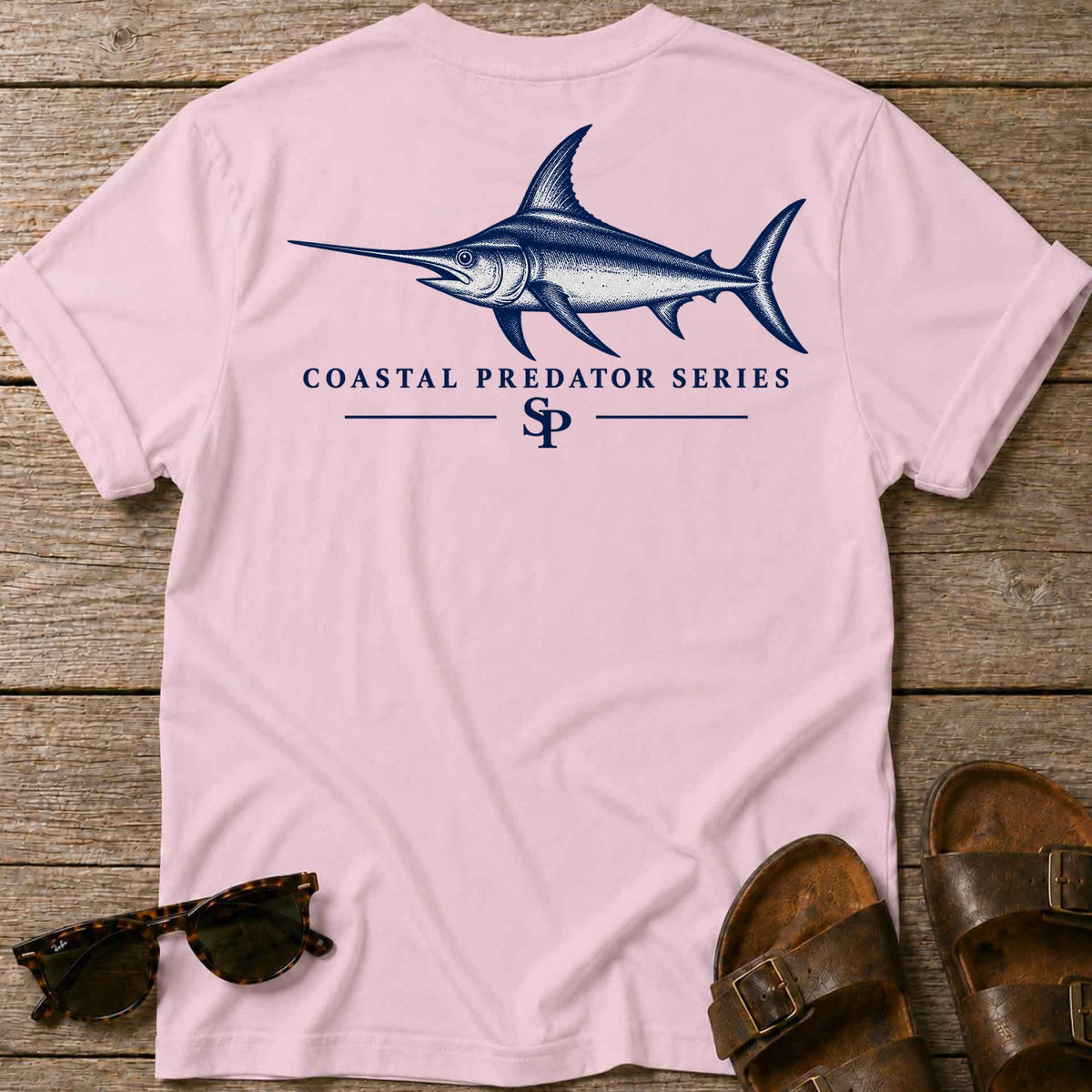 Swordfish Coastal Predator T-Shirt in Light Pink, Salty Paws coastal t-shirt