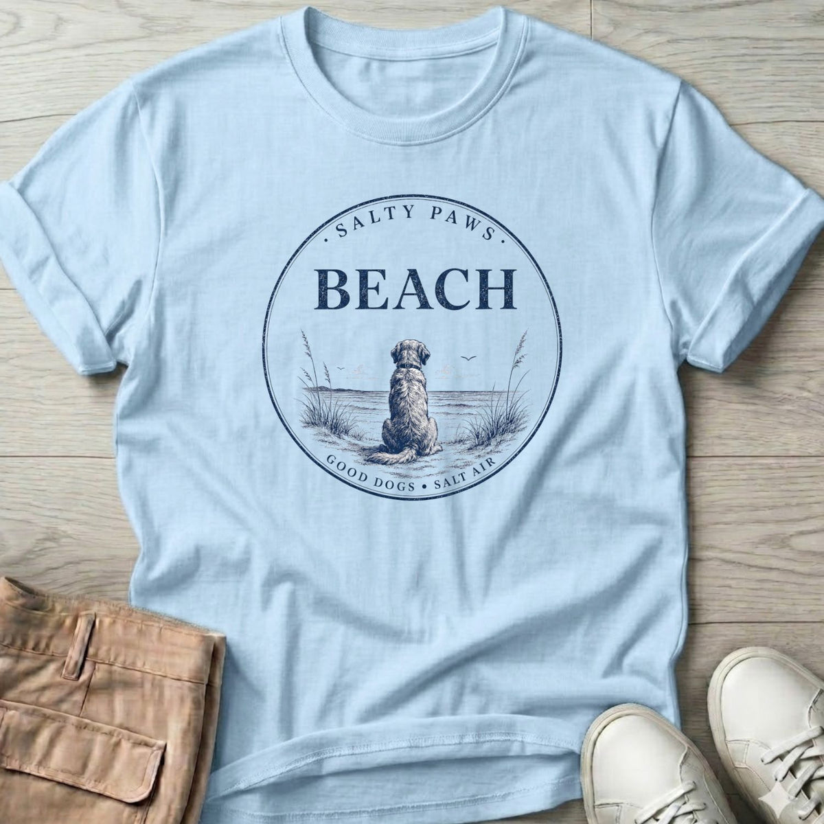 Beach Good Dogs Salt Air T-Shirt in Light Blue, Salty Paws coastal t-shirt
