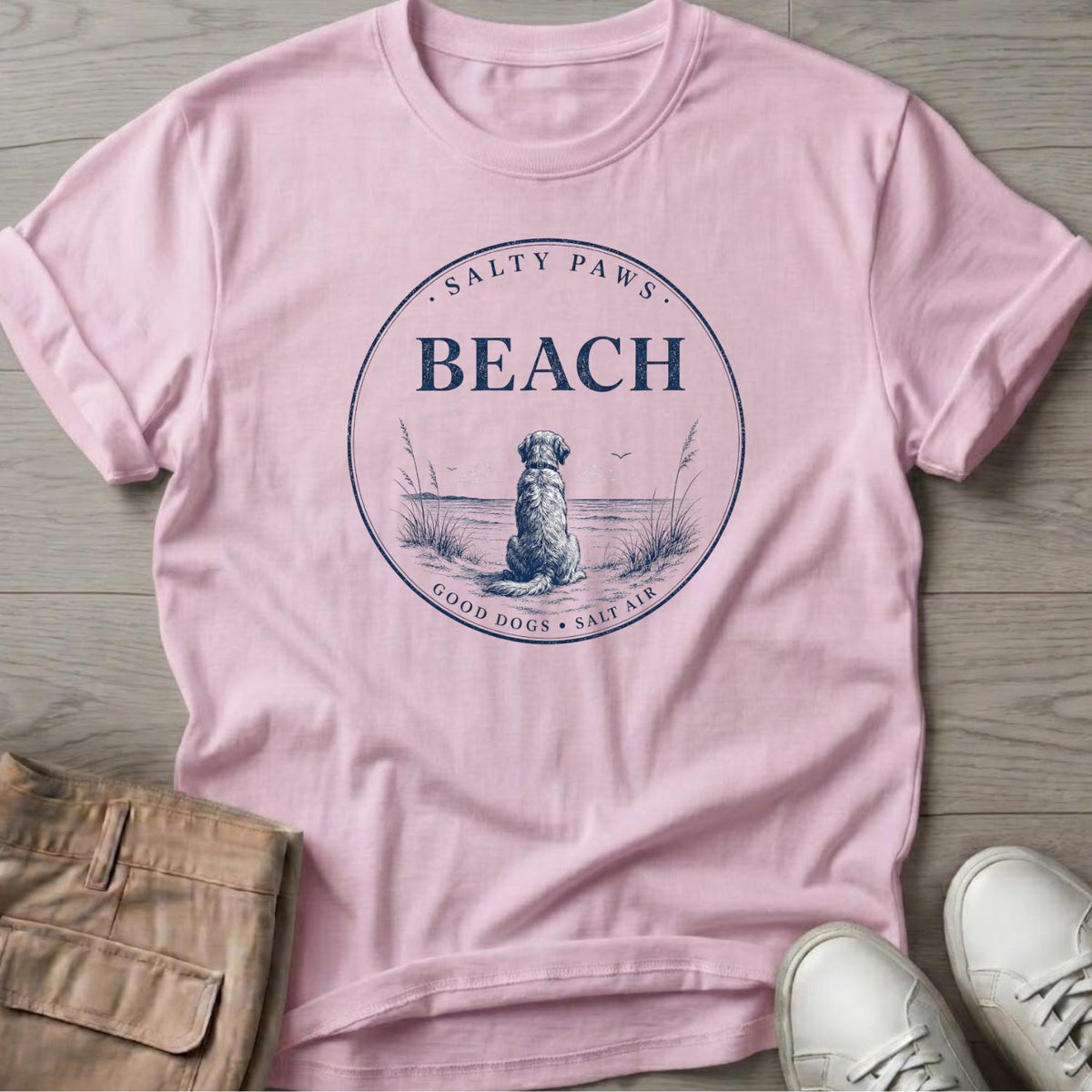 Beach Good Dogs Salt Air T-Shirt in Light Pink, Salty Paws coastal t-shirt