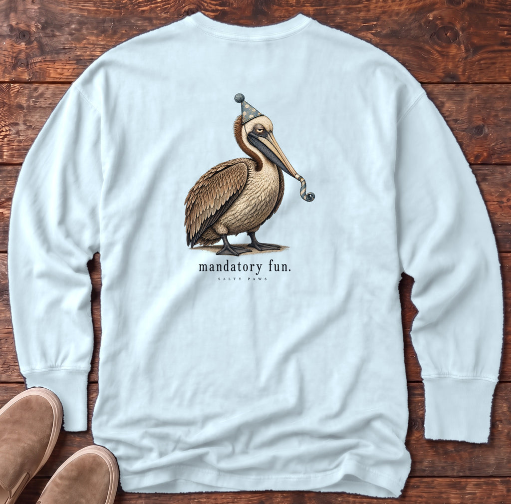 Mandatory Fun Pelican Back Design Long Sleeve Tee Comfort Colors in Chambray, Salty Paws Comfort Colors Long Sleeve Tee, back design flat lay